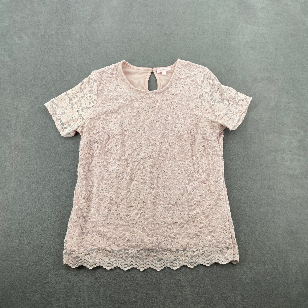 Teddi Rose Womens Pink Floral Lace Short Sleeve Keyhole Back Blouse Size L